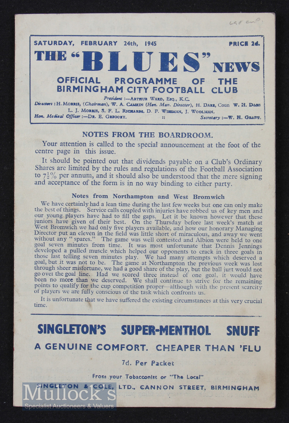 1944/45 War League Birmingham City v West Bromwich Albion 24 February 1945. Slight crease, mark to