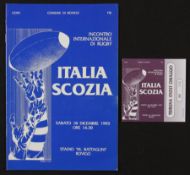 Rare 1993 Italy v Scotland Rugby Programme/Ticket (2): Fine issue and ticket for game played in