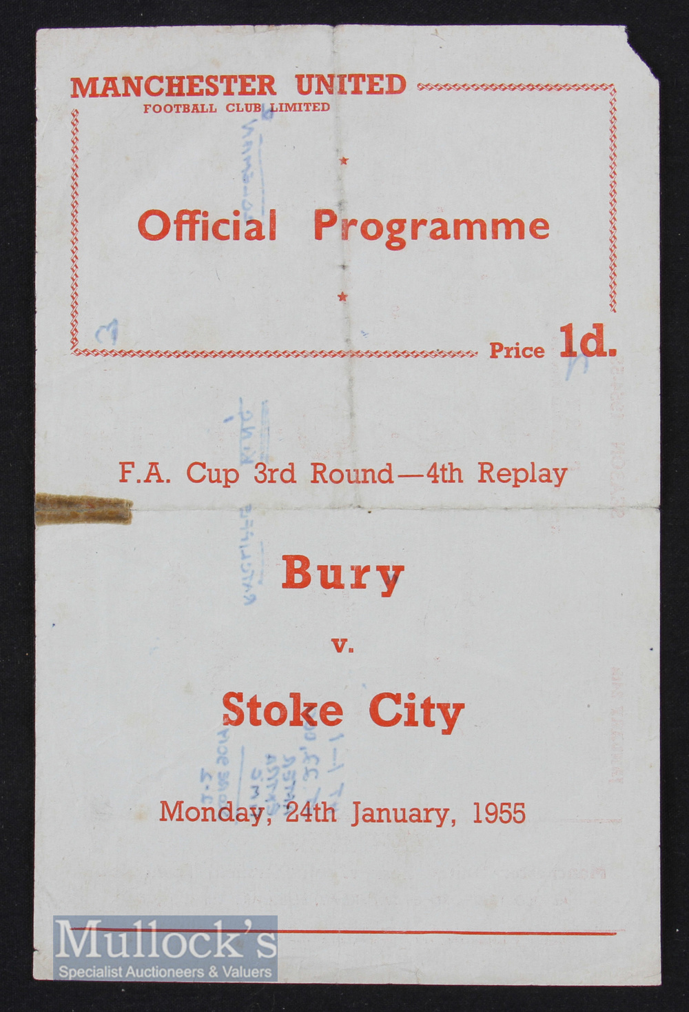 Scarce issue neutral FA Cup match replay at Manchester Utd 1954/55 24 January Bury v Stoke City
