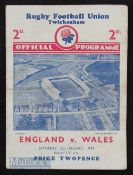1939 England v Wales Rugby Programme: Somewhat stiff and wrinkled but whole, legible and