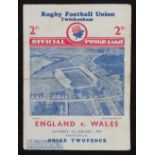 1939 England v Wales Rugby Programme: Somewhat stiff and wrinkled but whole, legible and