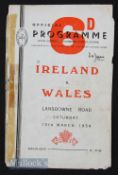 1954 Ireland v Wales Rugby Programme: Showing wear and with taped spine but entire and sound, a
