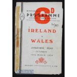 1954 Ireland v Wales Rugby Programme: Showing wear and with taped spine but entire and sound, a