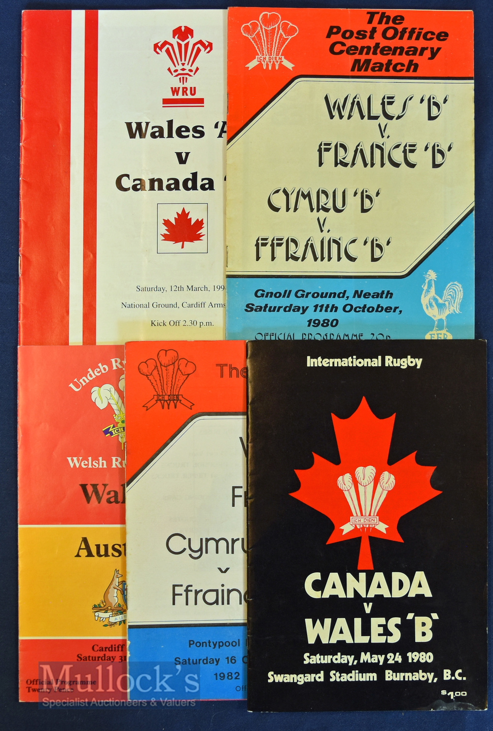 1980-94 Wales A & B Rugby Programmes etc (5): B v France B at Neath 80 & Pontypool 82, Australia