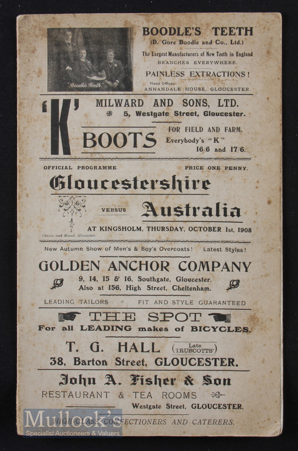 Hugely Rare Gloucestershire v Australia 1908 Rugby Programme: 4pp stiff card issue for the visitors’