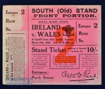 Rare Rugby Ticket, 1936 Wales v Ireland: At Cardiff where a vast crowd rushed the gates, the Fire