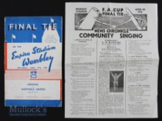 1936 FA Cup Final match programme Arsenal v Sheffield Utd at Wembley plus community singing sheet.