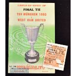 1965 European Cup Winners Cup final WHU v Munich 1860 programme plus match ticket (east