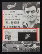 W Transvaal v NZ All Blacks 1970 Rugby Programme: To include rare single sheet attachment listing