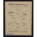 1943/44 Stoke City v Wolves 28 April 1944, tiny single sheet slight crease, team changes.