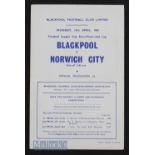 1961/62 Football League Cup semi-final Blackpool v Norwich City 16 April 1962, single sheet. Good.
