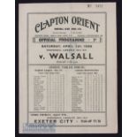 1938/39 Clapton Orient v Walsall Div 3 match programme 1st April 1939. Slight crease