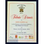 2010 Tribute to John Dawes Rugby Dinner Menu: 20pp stiff-covered, glossy-paged colourful menu with