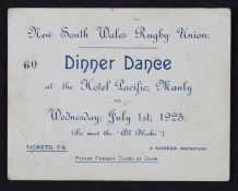 V Rare 1925 NSW v All Blacks Rugby Dinner Dance Ticket: For the event held by the NSA Rugby Union at