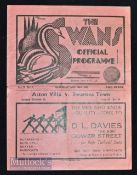 Rare 1936/37 Swansea Town v Aston Villa first home match of the season football programme date 29