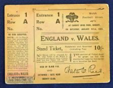 Rare Rugby Ticket, 1922 Wales v England: Seldom seen, England’s second post-WW1 visit and a rare