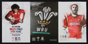 Wales v Italy Recent Mint Rugby Programmes (3): At Cardiff in 2012, 2015 (RWC warm-up) and 2016.