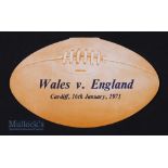 Wales v England 1971 Signed Rugby Dinner Menu: Rugby Ball shaped menu neatly signed by Gareth