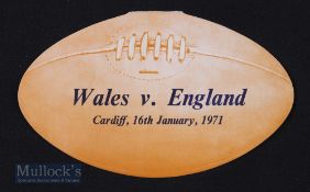 Wales v England 1971 Signed Rugby Dinner Menu: Rugby Ball shaped menu neatly signed by Gareth