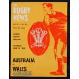 Rare 1969 Australia v Wales Rugby Programme: Lovely bright Rugby News cover for this tour game won