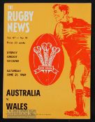 Rare 1969 Australia v Wales Rugby Programme: Lovely bright Rugby News cover for this tour game won