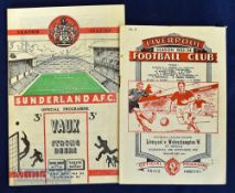 1953/54 Wolves Championship season away match programmes v Sunderland, v Liverpool, (2) Fair-good.