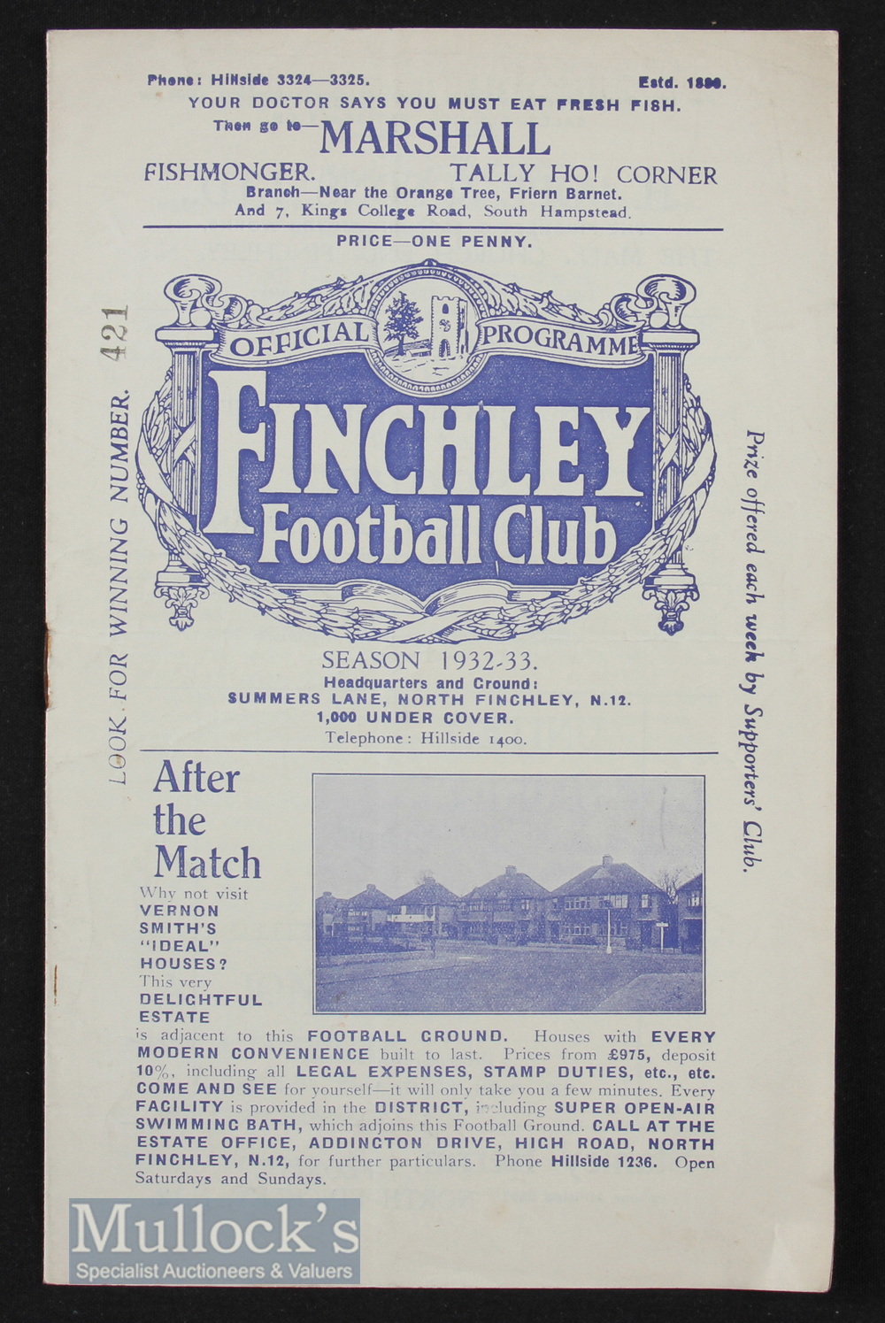 1932/33 Finchley v Barnet friendly match 27 December 1932 at Summers Lane, pencil team changes,