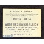 Ticket: 1925 Hospital appeal football match Aston Villa v West Bromwich Albion admission ticket
