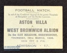 Ticket: 1925 Hospital appeal football match Aston Villa v West Bromwich Albion admission ticket