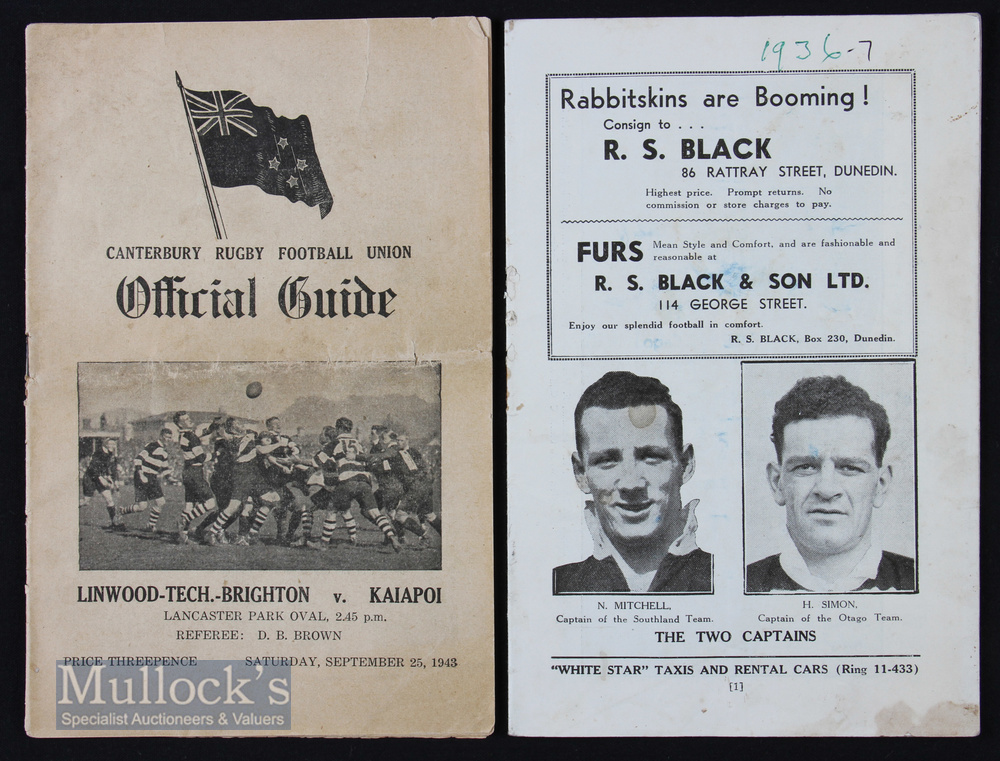 1937/1943 Rugby Programmes from NZ: Otago v Southland July ‘37 (lacking covers but v detailed with