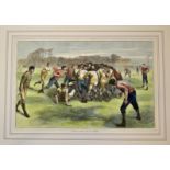 1871 Press Engraving, Rugby ‘The Last Scrimmage’: Large (c.27” x 20” overall) hand coloured and