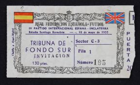 Ticket: Spain v England 18 May 1955 in Madrid, Duncan Edwards 3rd appearance for England, scarce