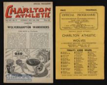 1946/47 Wolverhampton Wanderers v Charlton Athletic match programmes (15 March) plus reverse fixture