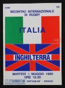 Very Rare Italy v England 1990 Rugby Programme: Hard to obtain issue from this game played in