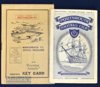 1953/54 Wolves Championship season away match programmes v Portsmouth, v Middlesbrough. (2) Fair-