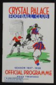 1937/38 Crystal Palace v Clapton Orient match programme 19 March 1938 at Selhurst Park. Good, team