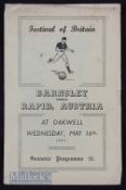 1951 Festival of Britain Barnsley v Rapid Vienna 16 May 1951 at Oakwell. Slight edge tears.
