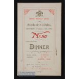 V Rare Wales v Scotland 1904 Rugby Dinner Menu: Stunning rare example of early memorabilia, a lovely