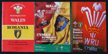 Wales v Romania Rugby Programmes (3): Issues from 1988 (Cardiff) & Wrexham for both 1997 and 2002.