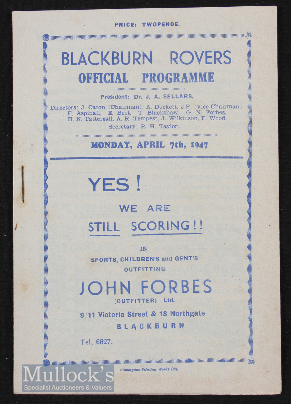 1946/47 Blackburn Rovers v Chelsea 7 April 1947 match programme. Neat pencil team changes, very