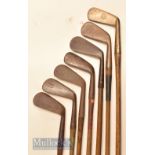 7x various irons and putter – notably A G Spalding & Bros heavy gunmetal/brass straight blade putter