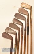 7x various irons and putter – notably A G Spalding & Bros heavy gunmetal/brass straight blade putter