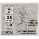 1952 Helsinki Olympics Athletics Ticket 23rd July, with uneven tear to right edge, couple of small