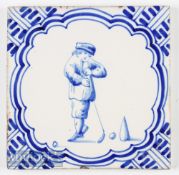 Dutch Delft Blue & White Golfer Design Tile with decorated border, 13cm x 13cm