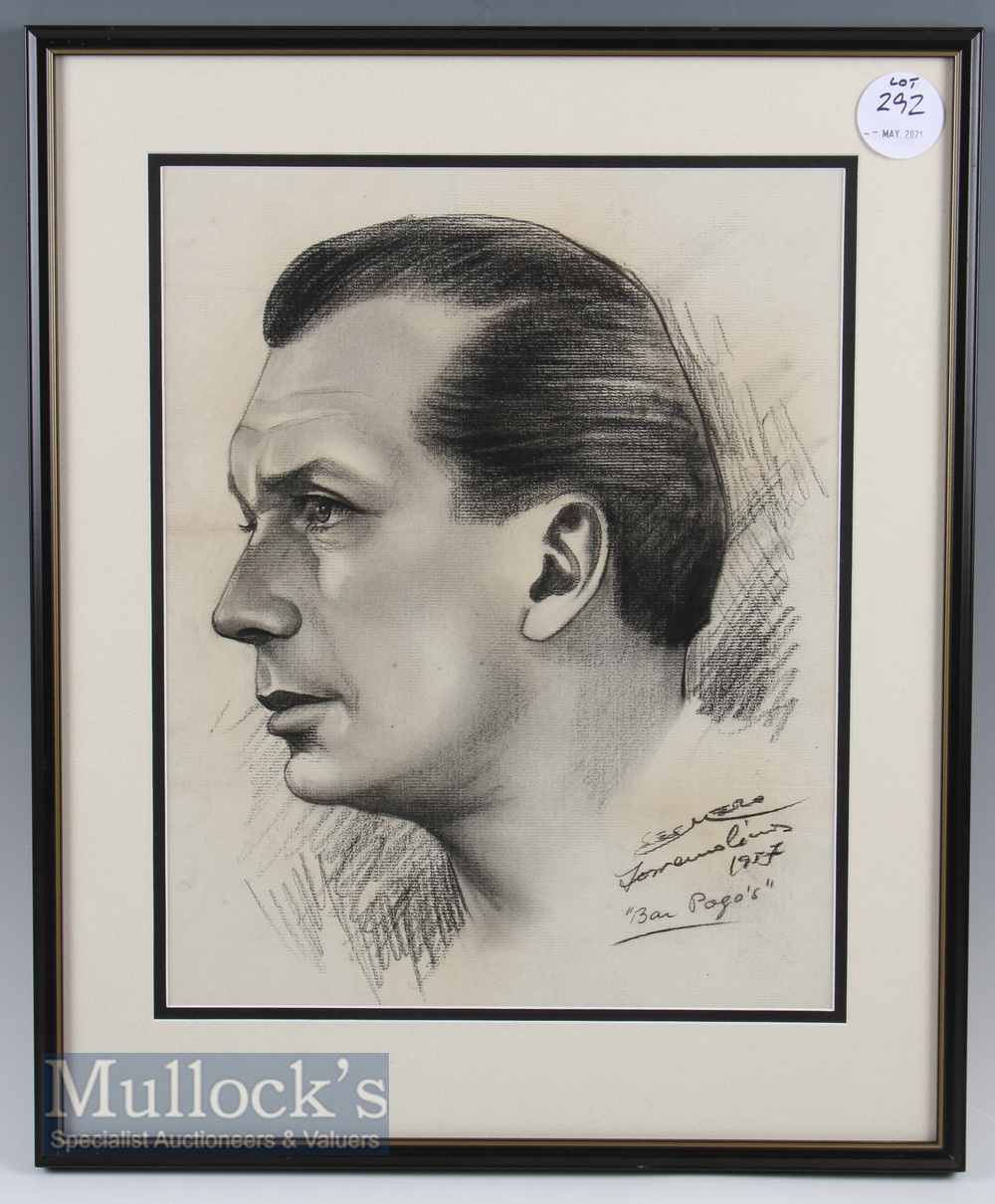 Charcoal drawing of Max Faulkner 1951 Open Championship Winner with artists signature and date to