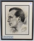 Charcoal drawing of Max Faulkner 1951 Open Championship Winner with artists signature and date to