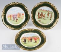 3 Spode Masterpieces Bone China Golfing Cabinet Plates one hand painted depicting 19th Century scene