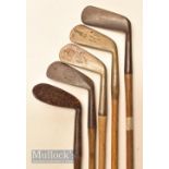 5x various Tom Stewart Pipe Mark irons and putter – 3x long irons incl L Model, Niblick by James