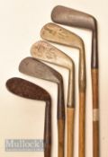 5x various Tom Stewart Pipe Mark irons and putter – 3x long irons incl L Model, Niblick by James
