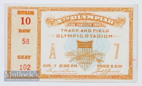 1932 LA Olympics Track and Field Ticket on August 7th, orange print, printed by Jeffries Banknote